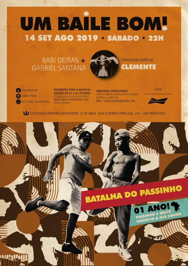 Cartaz com fundo laranja, com dois meninos negros dançando passinho