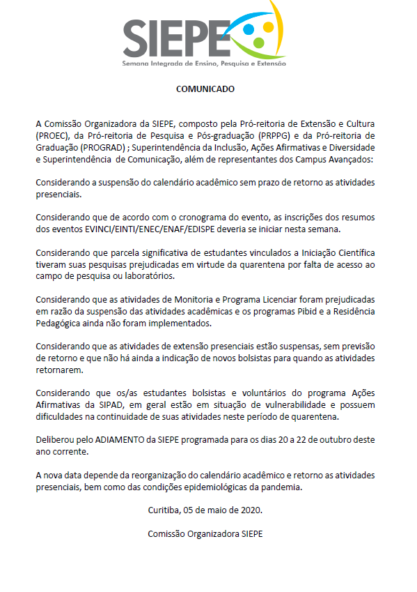 Comunicado de adiamento da SIEPE 2020